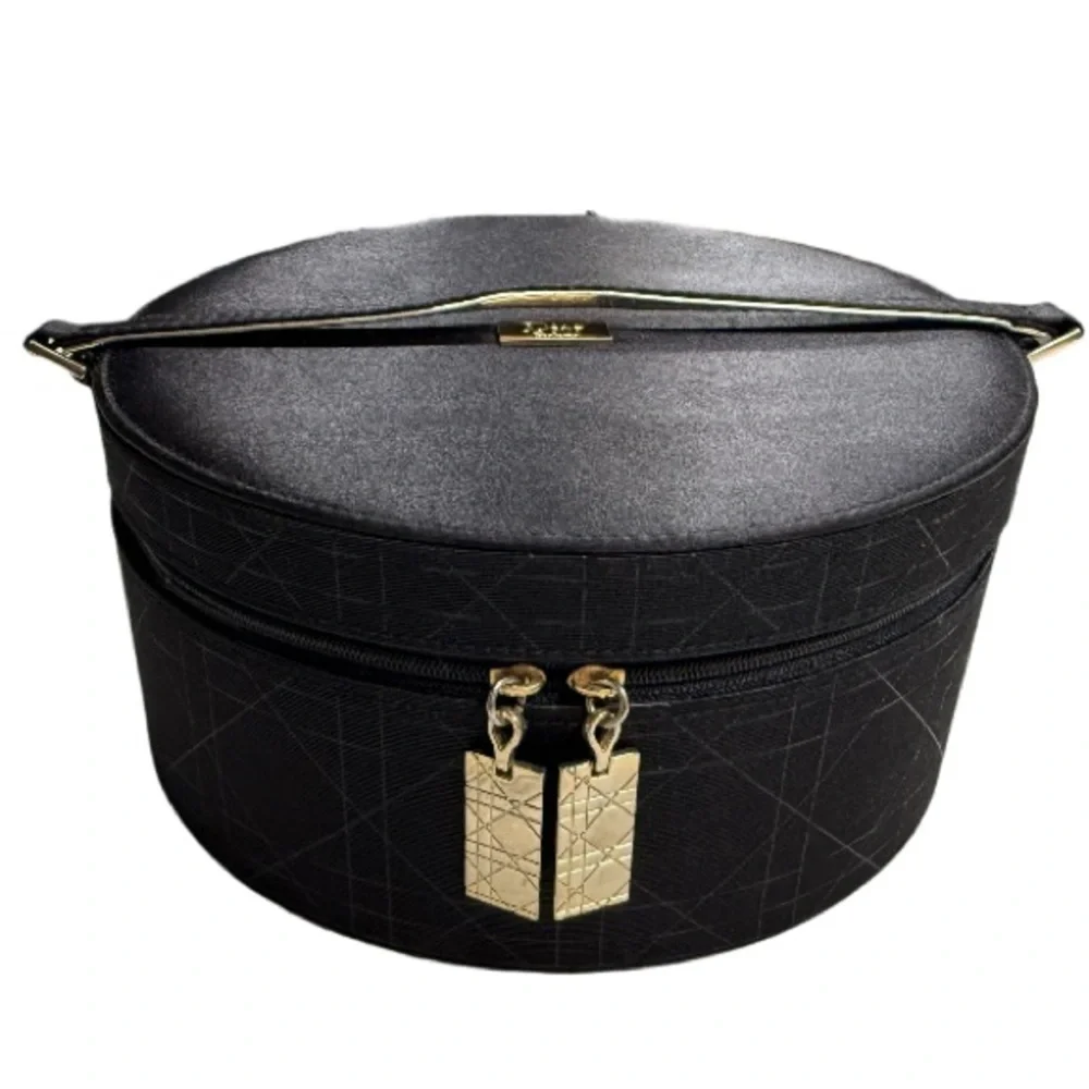 DIOR | Parfums VTG Black Round Travel Makeup Vanity Jewelry Box Case Vacation